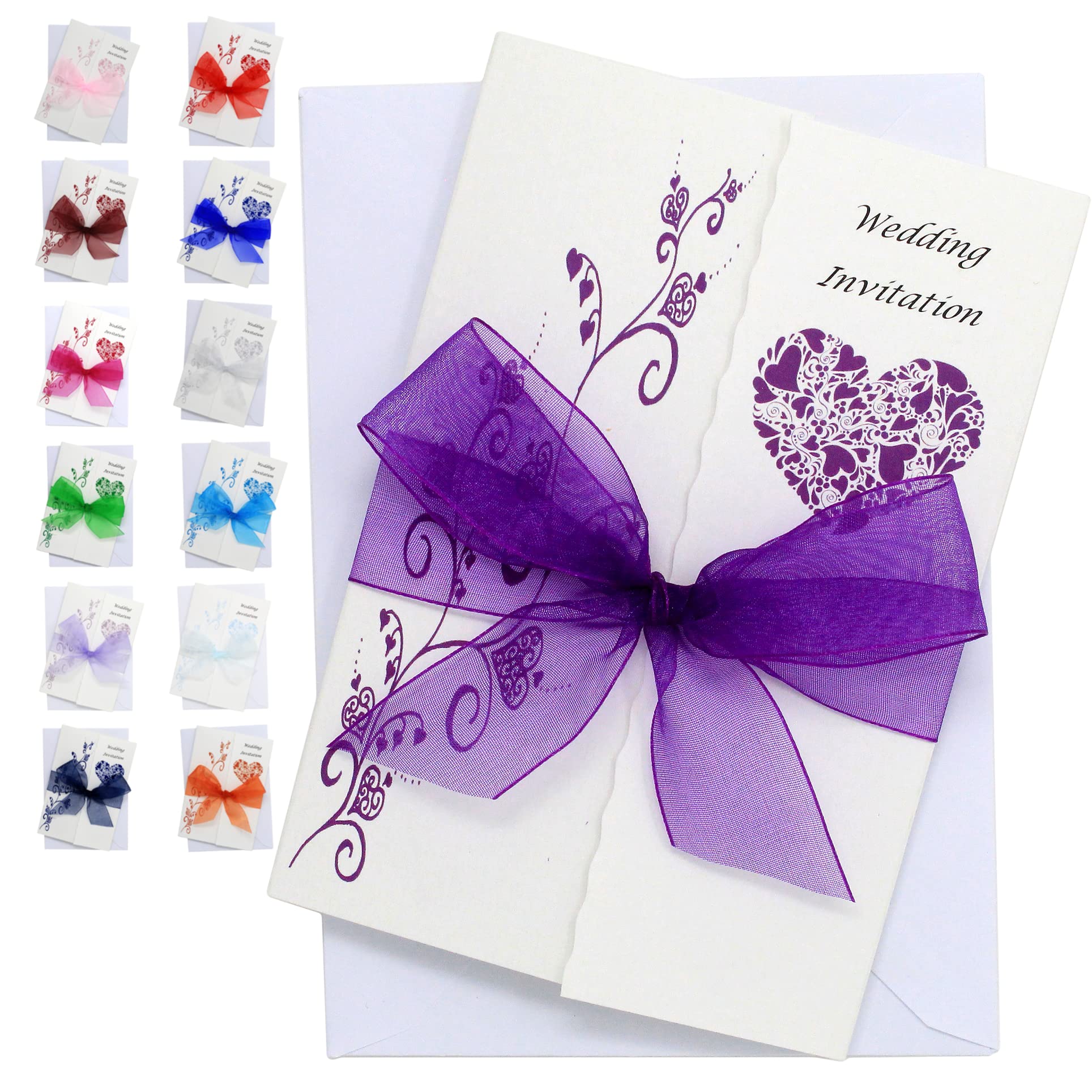 Pack of 10 Purple Wedding Invitations with ribbon and envelopes- Gatefold style!