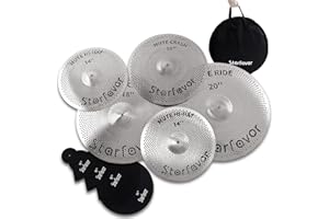 Starfavor Low Volume Cymbal Pack Mute Cymbal Set with Cymbal Mute Pads, 14"hi-hat/16"crash/18"crash/20"ride Practice Cymbals for Drummers, with Cymbals Bag, Silver, MC-520S