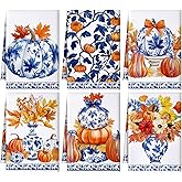 Preboun 6 Pack Thanksgiving Kitchen Towels Autumn Hand Towels Fall Flower Bathroom Dish Cloths Buffalo Plaid Bowknot Sunflower Pumpkin Absorbent 16 x 24 Inch(Chinoiserie Pumpkin,Blue)