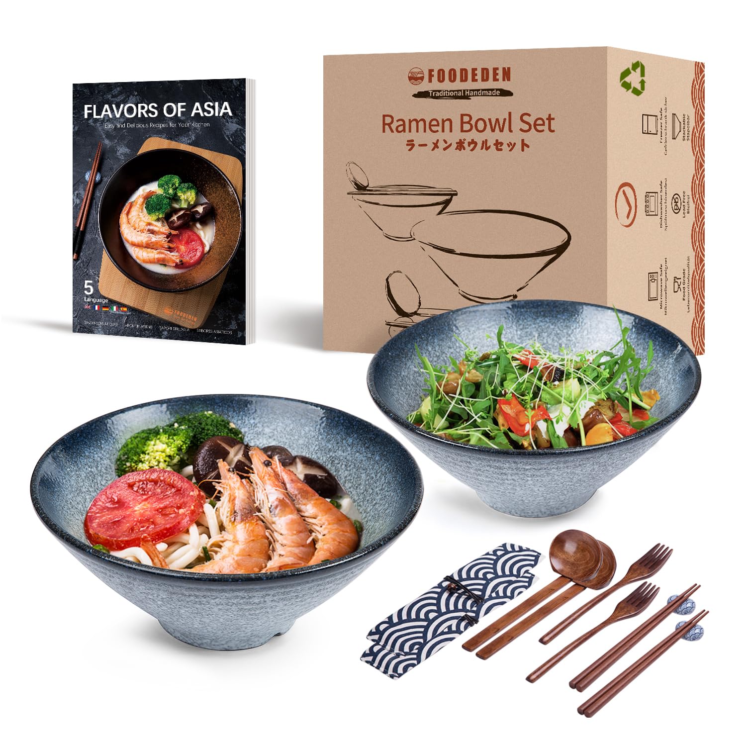 Ramen Soup Bowl Set, 2×1000ml Ceramic Large Noodle Bowl with Chopsticks, Spoons, and Forks, for Soup, Pho, Udon, Cereal, Rice, Fruits and Salad, Japanese Hand-made Housewarming Gift for Men and Women