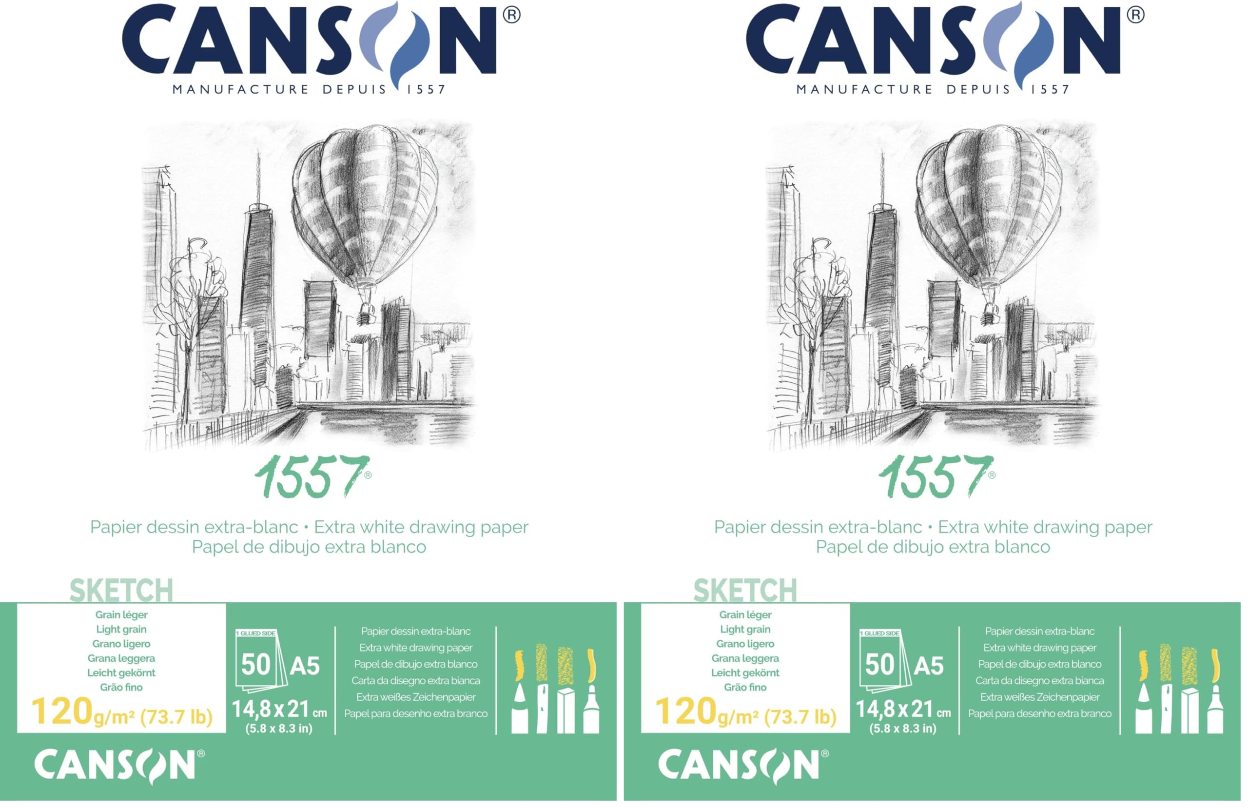 CANSON 1557 120gsm A4 White Sketch Paper Pad, Light Grain, Glued Short Side, 50 Extra White Sheets, Ideal for Professional Artists & Students (Pack of 2)