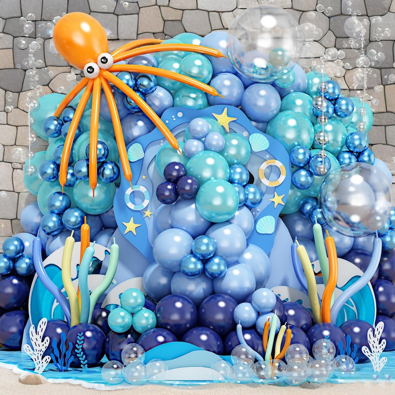 Photo 1 of 202 PCS Under the Sea Party Decorations Balloons Arch, Teal Blue Balloon Arch Garland Kit, DIY Octopus Clear Balloons Ocean Birthday Party Themed Decoration for Marine Shark Baby Shower Decor