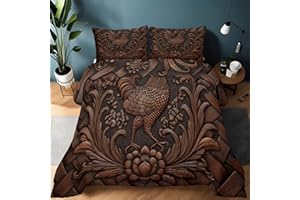 Coffee Brown Comforter Set Queen Size, Floral Rooster Pattern Printed Bedding Down Comforter with 2 Pillowcases for All Seaso