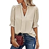 Angashion Women Tops Short Sleeve - Summer Casual V Neck Solid Color Flowy Trendy Tunic Blouses Shirt