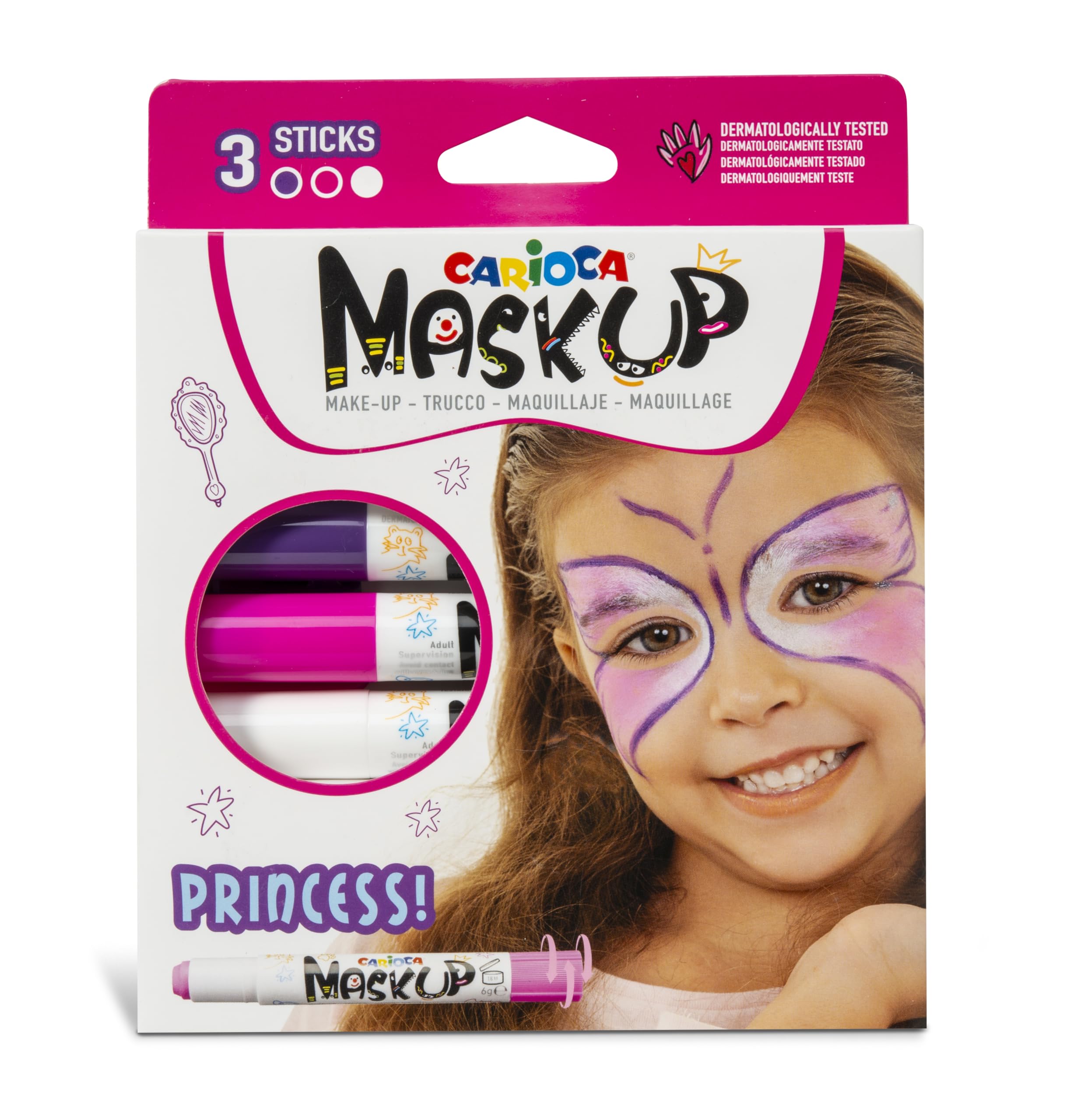 Carioca Mask Up Princess Face Paint Kit for Girls, Makeup Sticks Ideal for Christmas, Halloween, Carnival and Parties - 3 Colors & 2 Tutorials - Dermatologist Tested