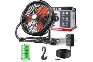 Rovtop 12" High Velocity Floor Fan, Rechargeable Outdoor Indoor Fan, 15000 mAH Cordless Portable Battery Operated Fan Run for 4.5-18 Hours, 360° Adjustable Tilt Industrial Camping Fan with Led Light