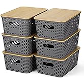 Ohmlove 6 Pack Plastic Storage Baskets with Bamboo Lids for Organization | Stackable Storage bins, Storages Baskets for Organizing Shelves Drawers Desktop Closet Playroom Classroom Office,Gray