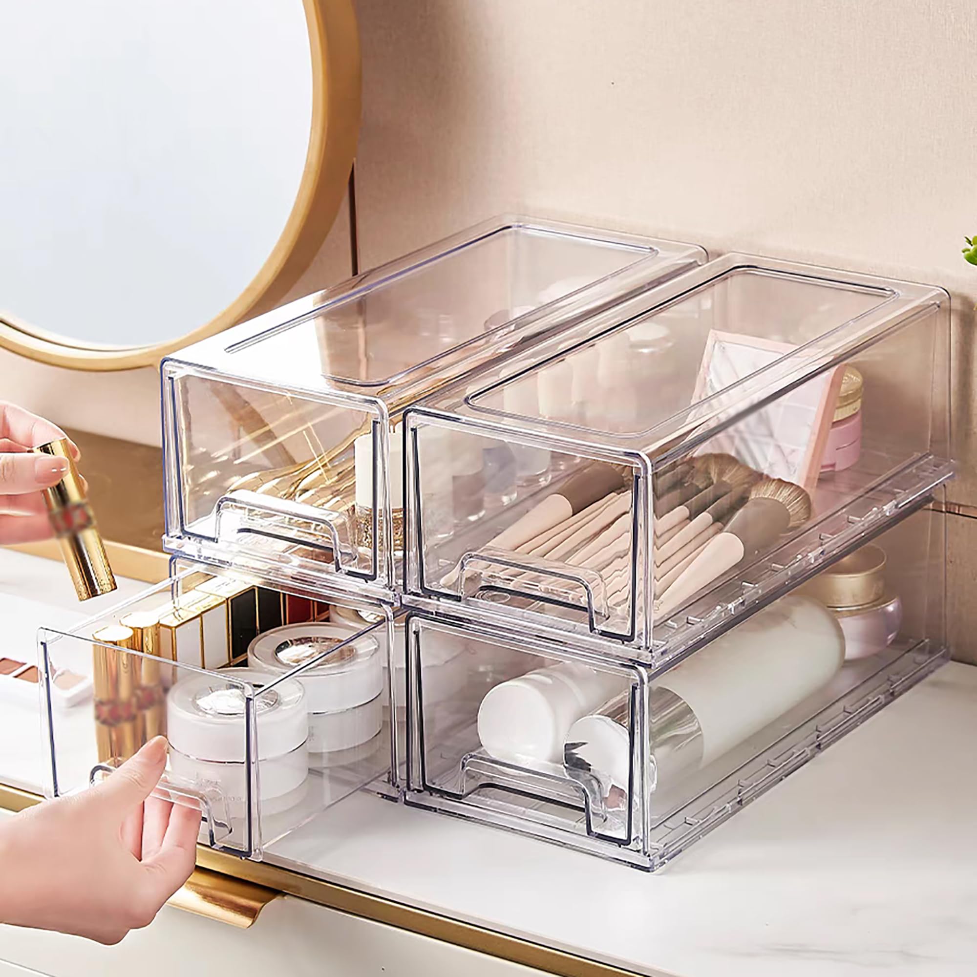 Photo 1 of MANO 4Pack Stackable Refrigerator Drawers Pull Out Clear Fridge Drawer Organizer Bins Pantry Storage Box Plastic Food Containers for Kitchen Bedroom Cabinet Dresser Clothes (M)