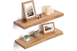 FLYJOE Floating Shelves for Wall Decor, Rustic Solid Elm Wood Live Edge Floating Shelves Wall Mounted, Wall Shelves with Invisible Bracket for Living Room Bathroom Bedroom Kitchen, 24 Inch Set of 2, Natural