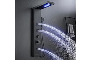 MENATT 5 in 1 Stainless Steel Shower Panel Black Tower System with LED Lights, Rainfall Waterfall Shower Head, Multi Function Shower System with Body Jets and Bath Tub Spout, Matte Black