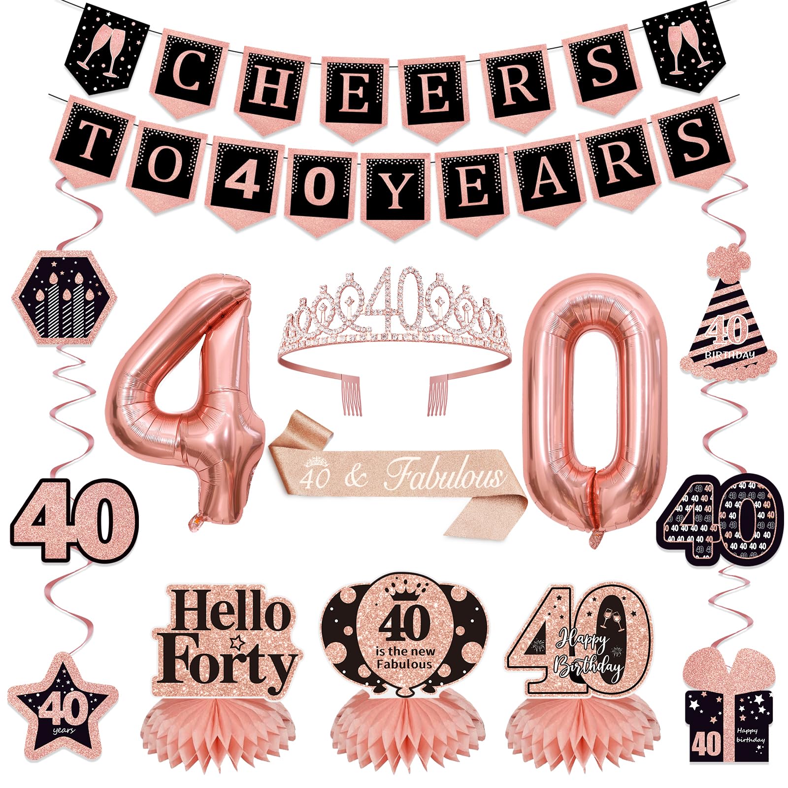 Photo 1 of 14Pcs 40th Birthday Decorations for Women with Banner, Hanging Swirls, Balloons,Crown and Sash,Table Honeycombs Centerpieces, Happy 40th Birthday Decorations