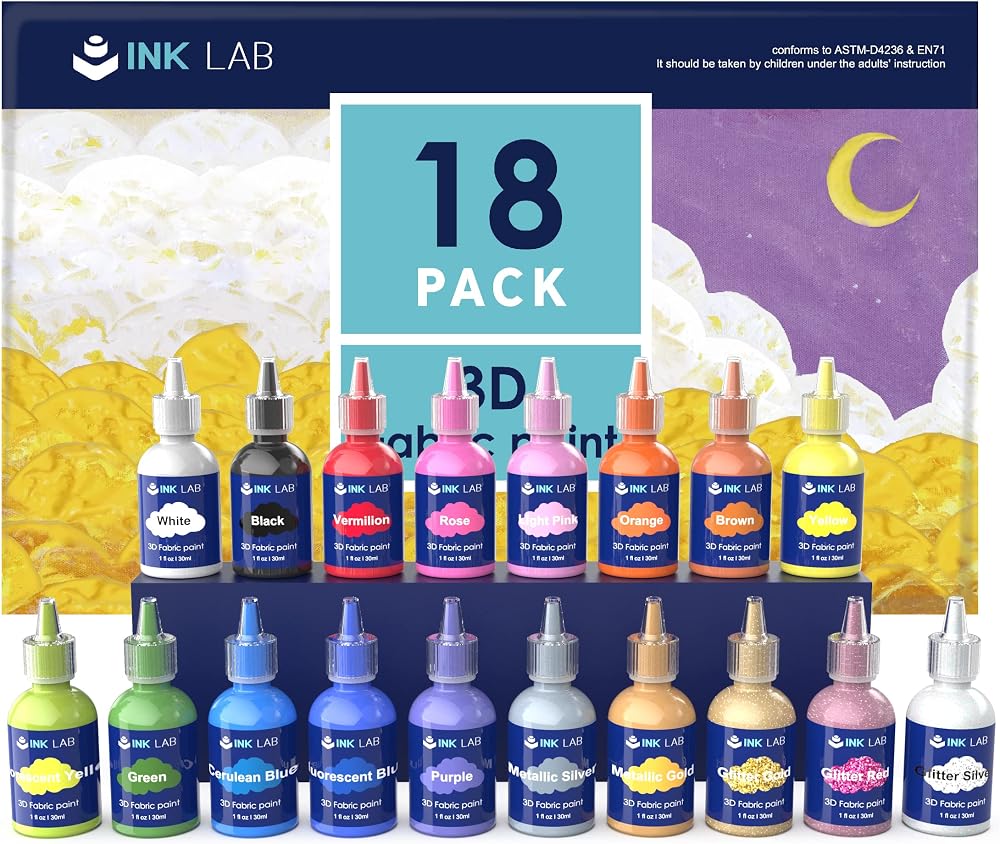INK LAB 3D Fabric Paint Set 18 Colors Non Toxic Quick Drying 30ml