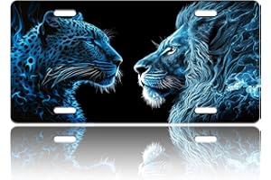 TINALUIN Lion Leopard License Plate Blue Fire Stainless Steel Front License Plate Vanity Tag Funny for Car Decorative Accessories for Women Men 6 X 12 Inch with 4 Holes