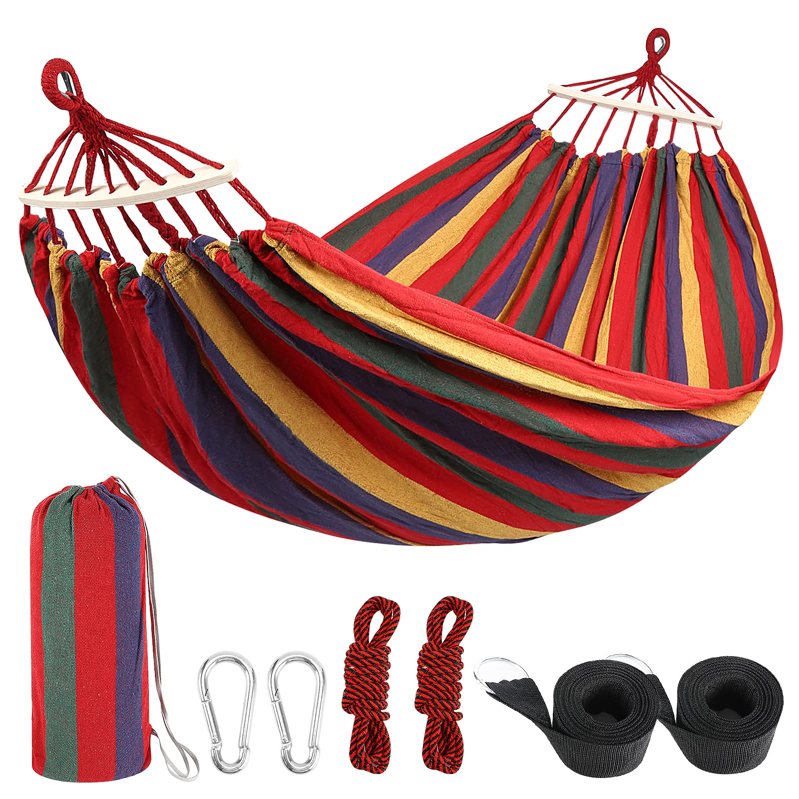 Outdoor Double Cotton Canvas Hammock - 260 * 150cm Portable for 2 Person, Up to 300KG with Carrying Bag, Tree Straps & Ropes for Camping, Indoor/Outdoor Patio, Backyard