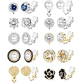 FIBO STEEL 10 Pairs Clip Earrings for Women Clip On Earrings for Non Pierced CZ Flower Simulated Freshwater Pearl Twist Knot Clip Earrings Sets Gold Silver Tone