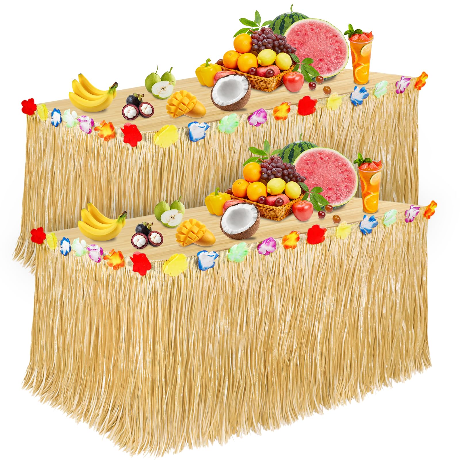 Photo 1 of Luau Party Decorations, Grass Table Skirt for Tropical Hawaiian Party Decorations, Flower 72.8'' X 29.5'' Hawaiian Luau Party Favors & Aloha Summer Beach Themed Party Decorations Suppplies