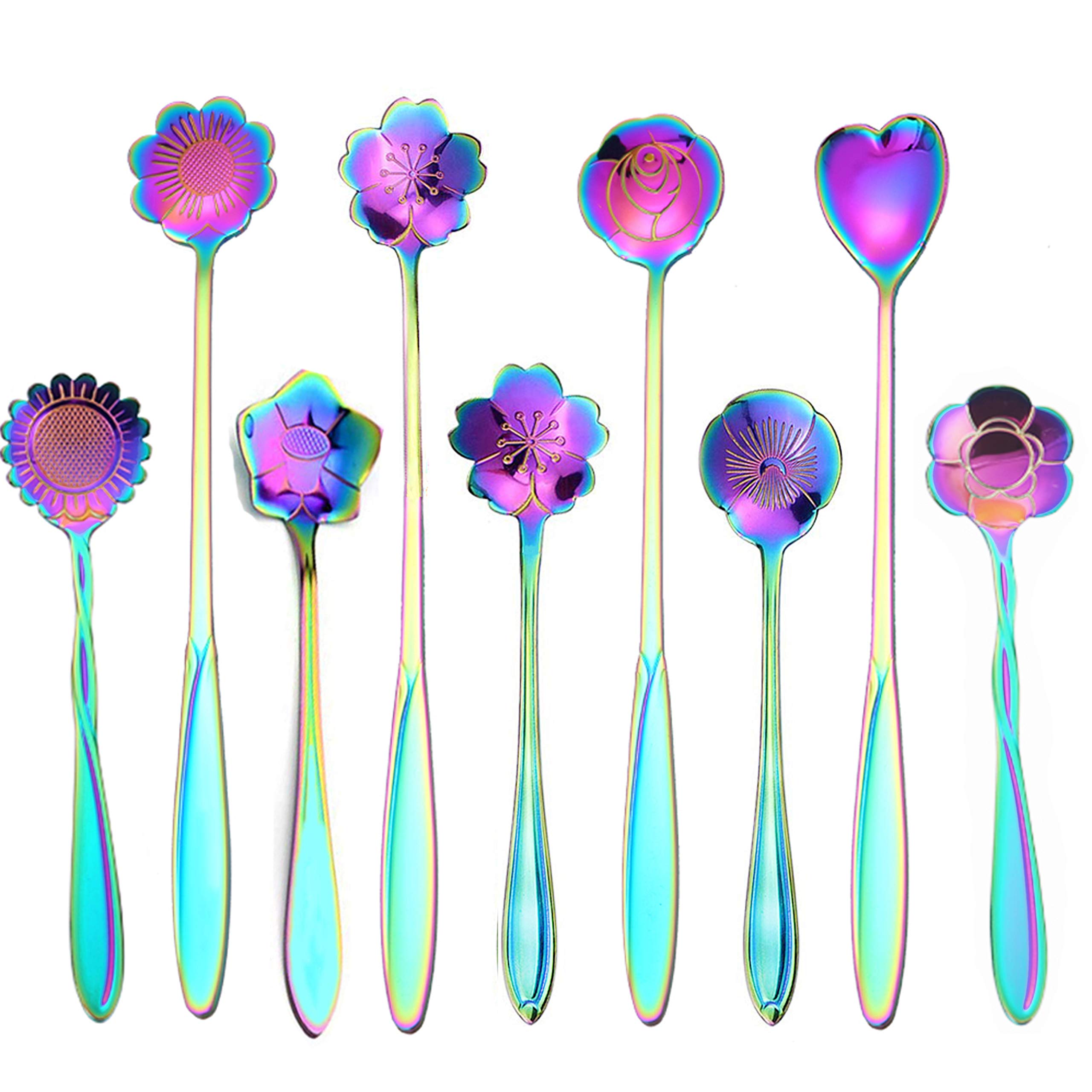Flower Spoon Coffee Teaspoon Set, ESRISE Stainless Steel Tea Spoon Dessert Spoon for Christmas Gifts Birthday Gifts(Rainbow)