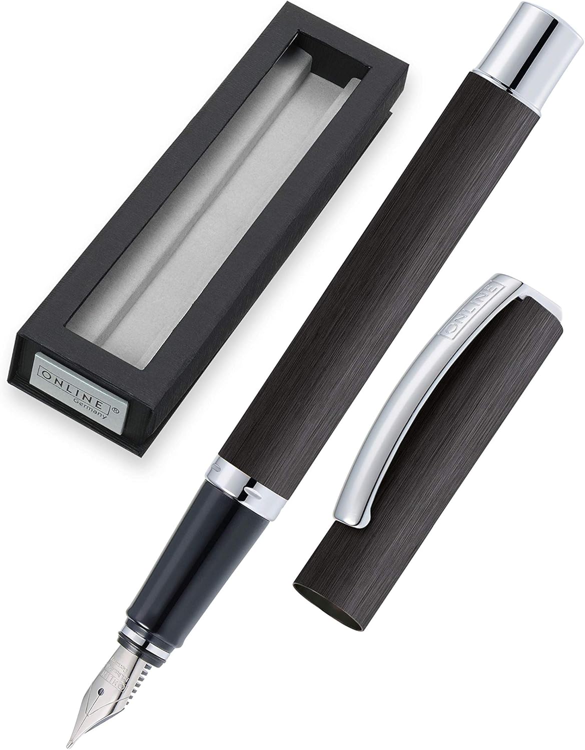 Online, 36603 AA8Vision Black Fountain Pen with Clear Design Matt Brushed Aluminium Iridium Nib F (Fine) Colour: Black