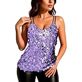 Women's Sequin Tank Tops Fashion Sleeveless V Neck Camisole Sparkle Strappy Halter Shirt for Party Christmas Concert Outfits