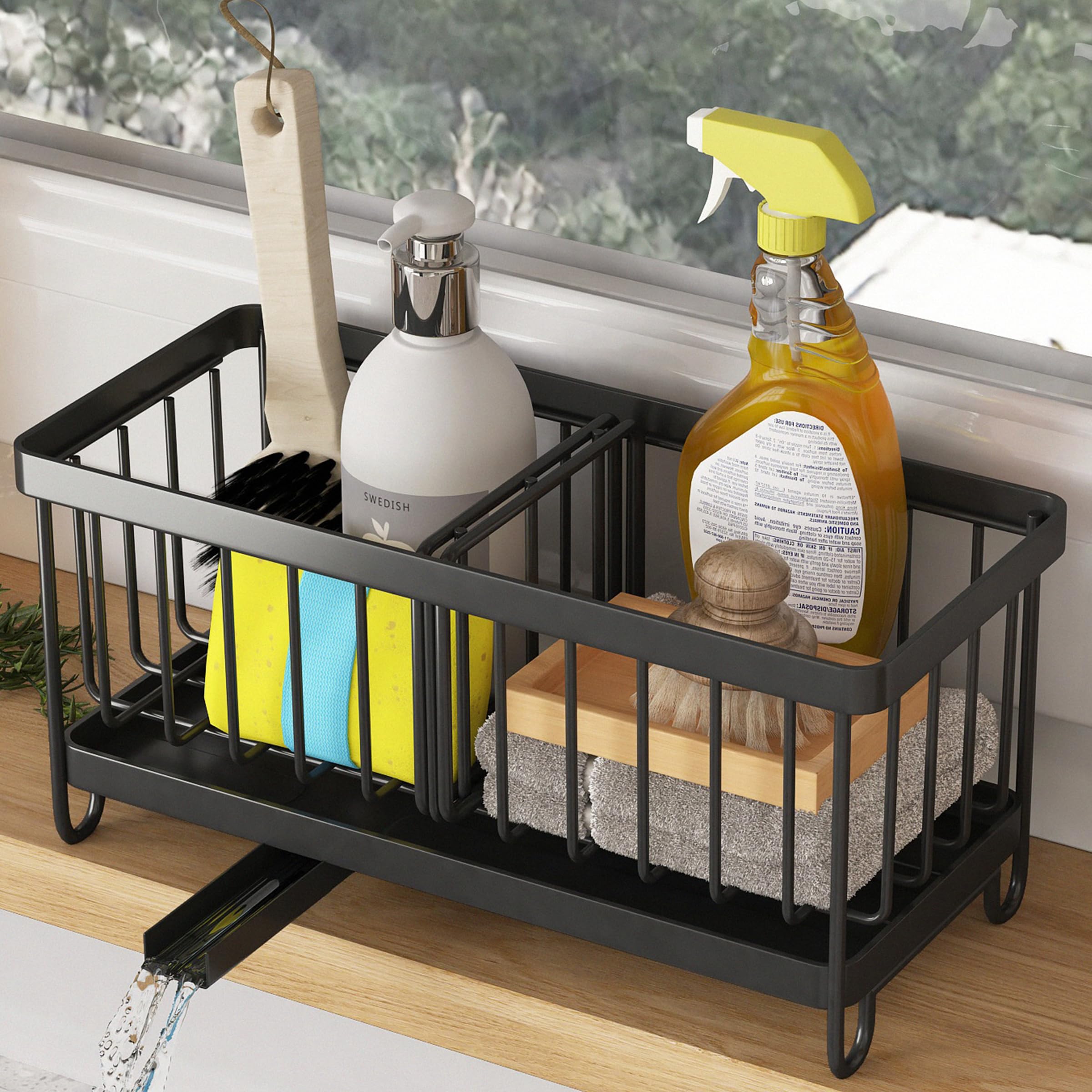 Kitchen Sink Caddy Sink, Sponge Holder Sink Caddy Organizer,Countertop with Removable Drain Tray with Diversion Drainage(Black)