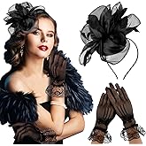Sibba Tea Party Hat with Lace Gloves 1920s Vintage Fascinator Hats Cocktail Flower Headpiece for Women Girl Black Wedding Ribbons Feather Hair Clip Pillbox Fascinators Hat Church Banquet Cosplay Party