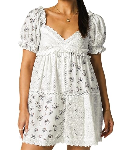 Women Floral Patchwork Babydoll Dresses Puff Sleeve V Neck A Line Cute Mini Dress Flowy Y2k Sundress for Teens (Purple, S) at Amazon Women's Clothing store