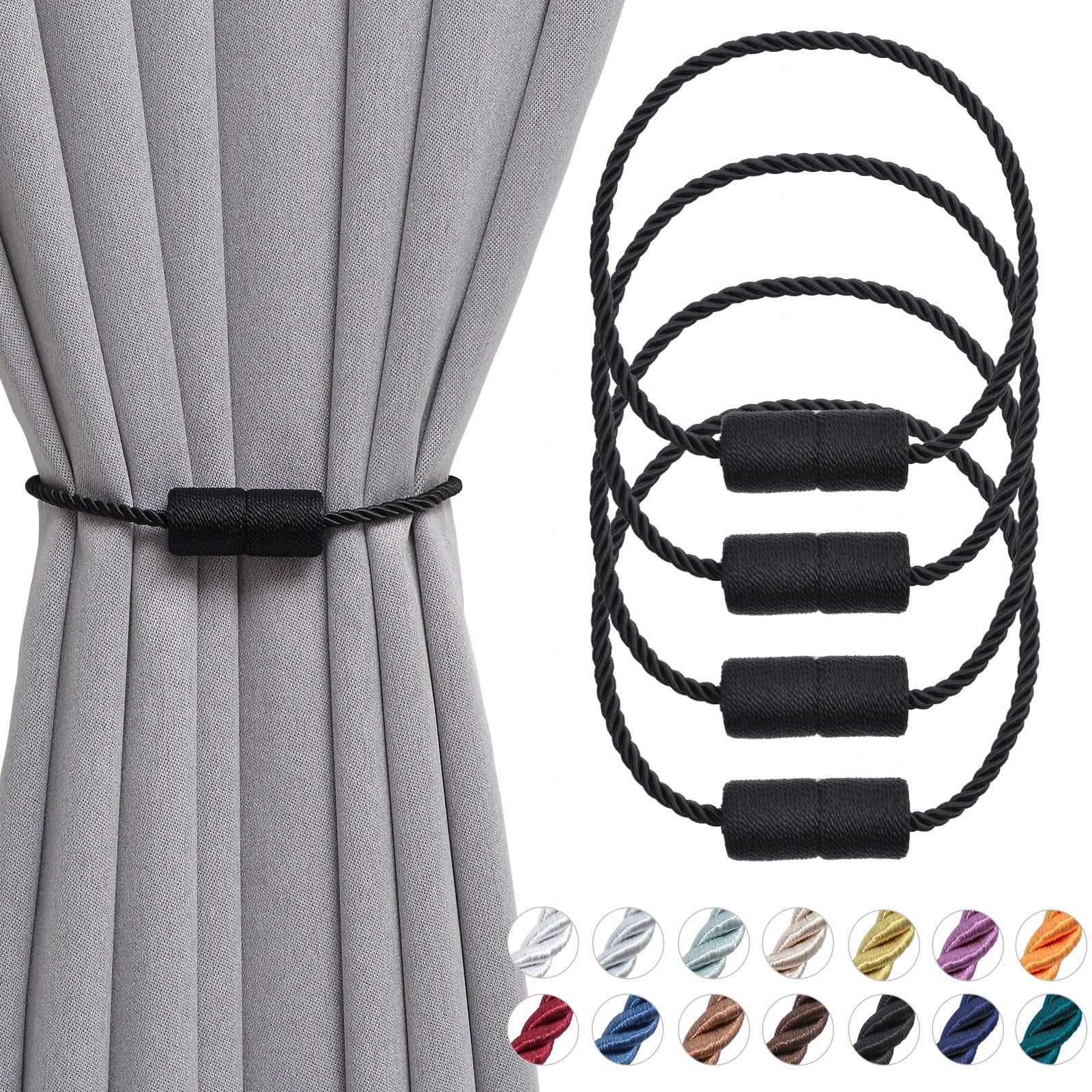 Pretty Jolly 4 Pack Magnetic Curtain Tiebacks 16 Inch Handmade Weave Side Rope Curtain Holdbacks Convenient Decorative Cylinder Curtain Drape Tie Backs for Home & Office Window Drapery (Black)