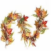 HipTree 6FT Fall Maple Leaf Garland for Mantle Fireplace Table Centerpiece | Artificial Wheat Grass Berries, Autumn Harvest Decor for Thanksgiving Halloween Indoor Outdoor,Fall Decorations for Home