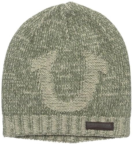 True Religion Men's Distressed Horseshoe Beanie, Army, One Size in