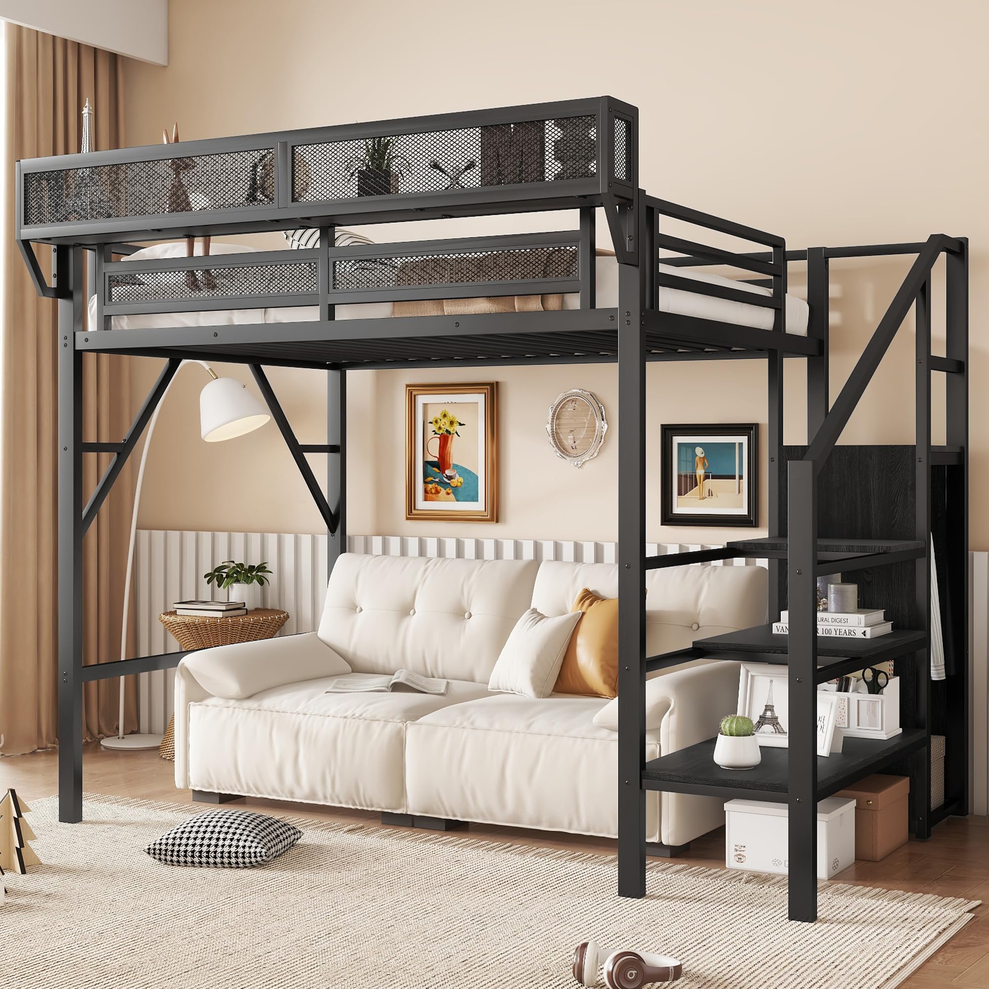 Photo 1 of **UNKNOWN IF ANY MISSING PIECES**KEIKI Twin Size Metal Loft Bed Frame with Convertible Staircase, Built-in Storage Shelves & Wardrobe, Loft Bed with Solid Slats & Guardrail, No Box Spring Required, Easy Assembly, for Bedroom, Black