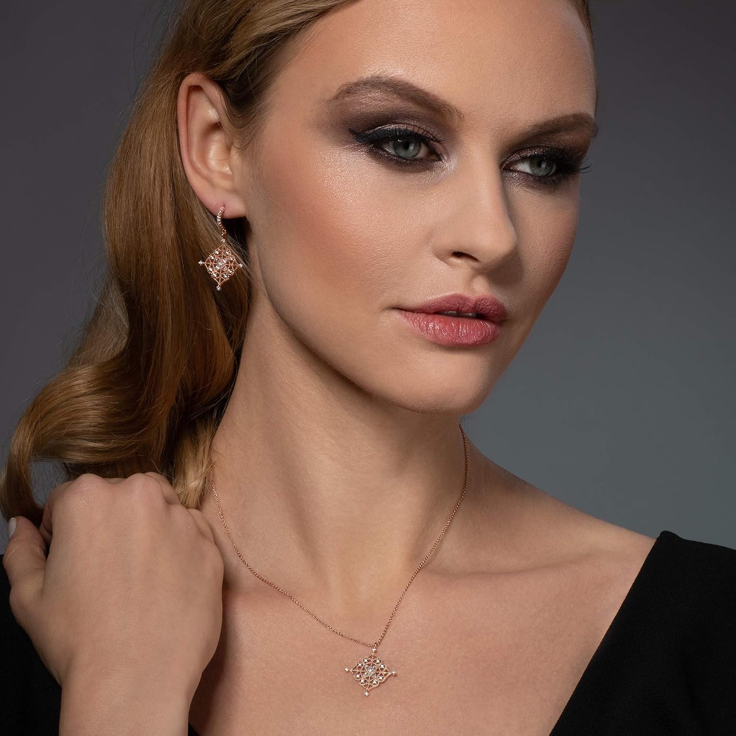 Namana Arabesque Drop Earrings. Earrings for Women Set including Cubic Zirconia Gemstones on Intricate Filigree Details. Rose Gold Dangly Earrings for Women with Gift Box - Image 4