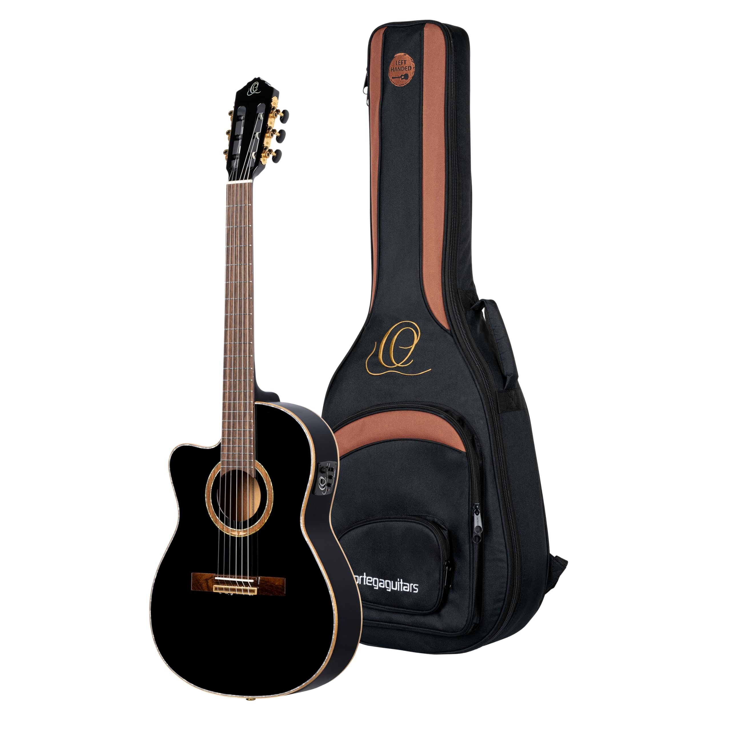 Ortega Guitars Classical Guitar Left-Handed – Electro-Acoustic, 4/4, Slim Neck, Thinline Body – Performer Series – Including Gig Bag – Solid Sitka Spruce / Sapele, Black (RCE138-T4BK-L)