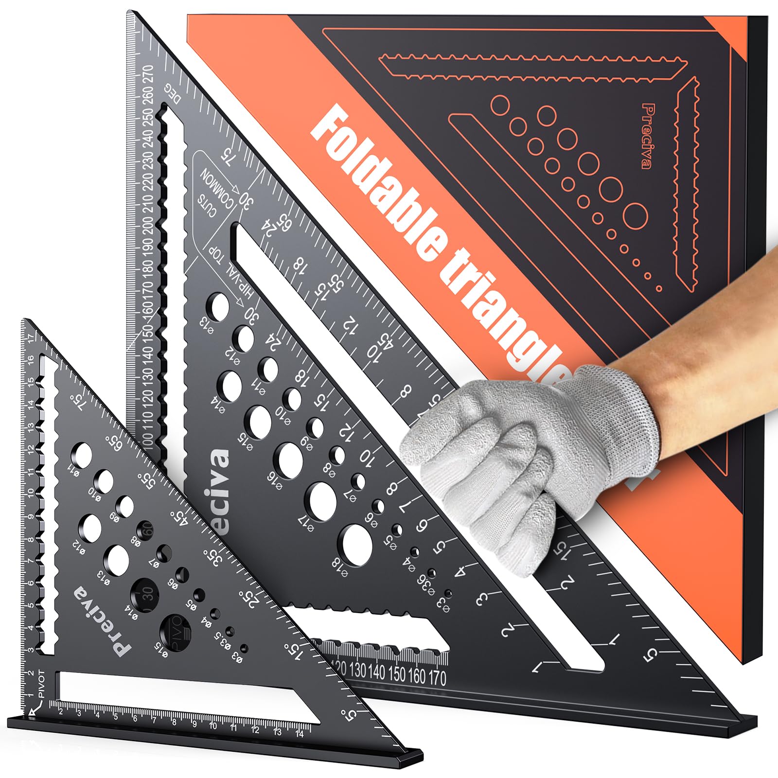 Set Square, Preciva 18+30cm/ 7+12inch Speed Square, Triangle Ruler Kit with 17 Types of Drill Holes, Multifunctional Aluminum Alloy Carpenter Tool Can Drawing Angle, Positioning of Drilled Hole,etc