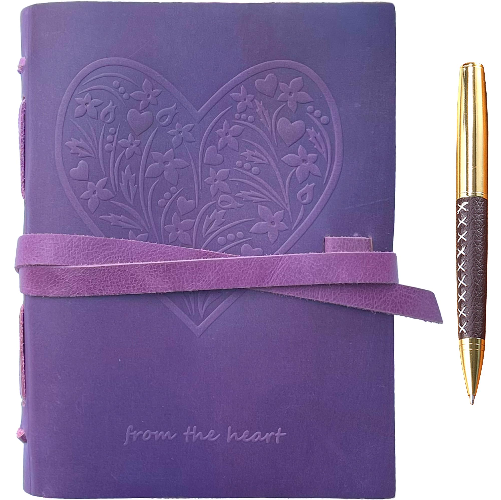 Sovereign-Gear Leather Journal for Women, Handmade Purple Heart Bound Journal with Stylish Pen, Vintage and Classic, A5 Embossed Heart Leather Notebook, 8x6 Unlined Sketchbook