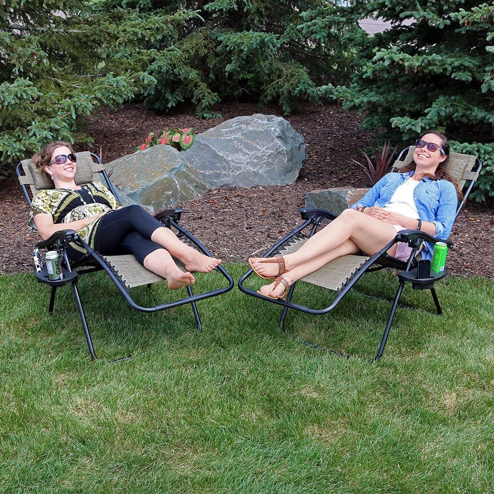 Sunnydaze Outdoor Zero Gravity Lounge Chair with Pillow and Cup Holder, Folding Patio Lawn Recliner, Set of 2, Brown: Kitchen & Dining