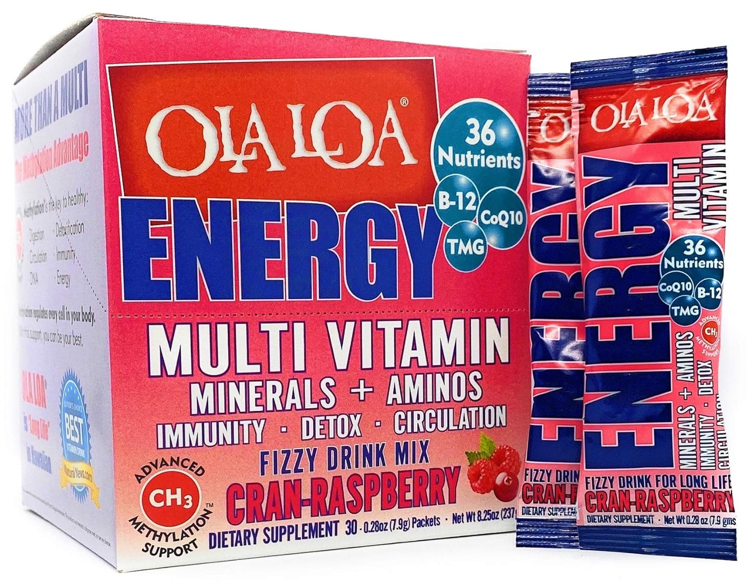 Ola Loa Energy Cran-Raspberry Multi Vitamin Drink Mix - Amino Energy Powder, Gluten Free, Detox, Dairy Free, Caffeine Free - Drink Your Vitamins for the Rigors of Daily Life - 30 Packets (8.25oz)