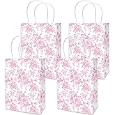 JarThenaAMCS 24Pcs Pink Floral Paper Bag Vintage Flower Treat Bags with Handles Chinoiserie Candy Goodie Bags Grocery Shopping Bag for Birthday Wedding Party Favors Supplies