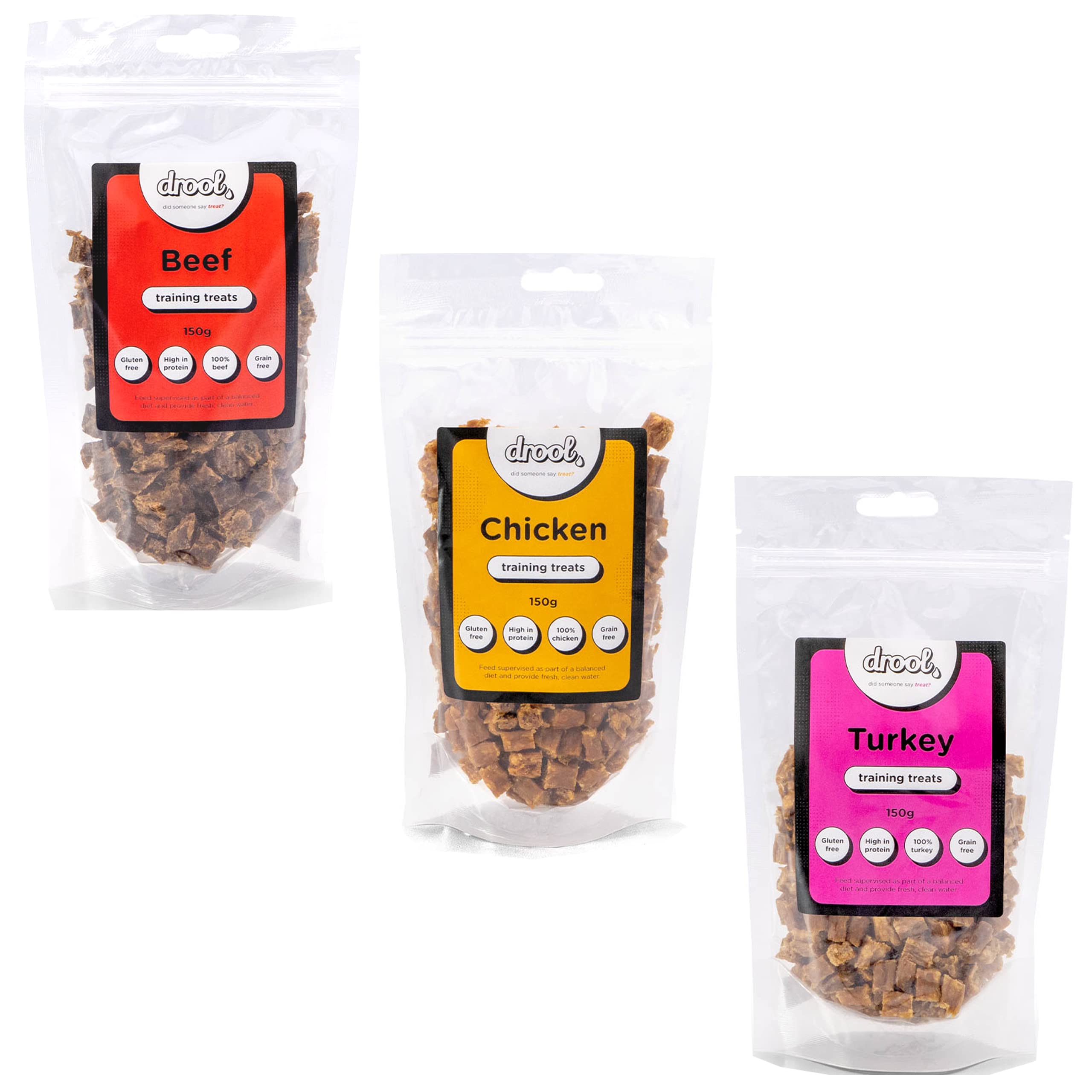 Drool Pet Products Natural Air Dried Dog Treats | Beef, Chicken & Turkey | Grain Free Healthy Training Chews for Dogs | 3 x 150g