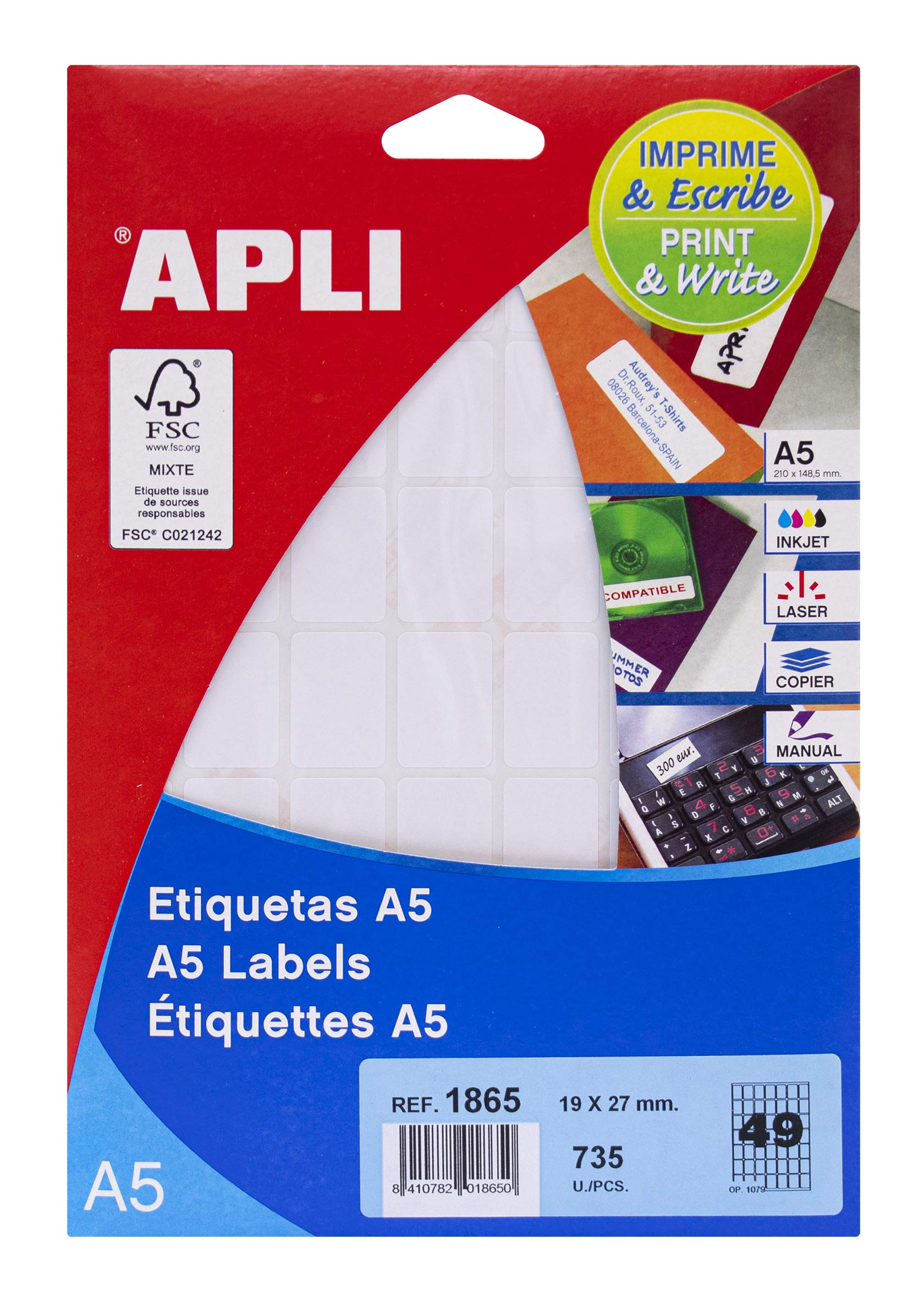 APLI 1865 - White A5 Labels 19 x 27 mm 15 Sheets