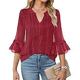 Furnex Womens 3/4 Sleeve Tops Dressy Casual Elegant Blouses V Neck Shirts Floral Double Layered Chiffon Tunic