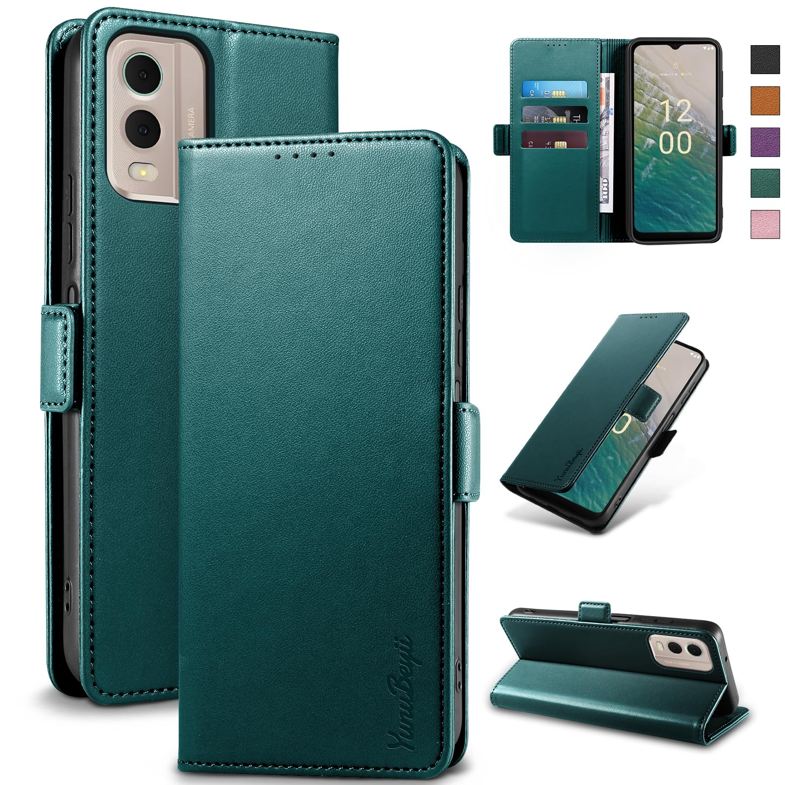 Yunubeyii Wallet Flip Case for Nokia C32 - [RFID Blocking] Luxury PU Leather Card Holder Magnetic Phone Cover with Kickstand,Shockproof Protective Case,Green