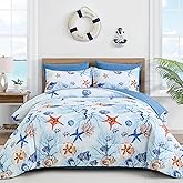 WONGS BEDDING Coastal Queen Comforter Set, 7 Pieces Beach Themed Ocean Sand Dollor & Starfish Pattern Bed in a Bag, Summer Bed Comforter Bedding Set(90"×90")