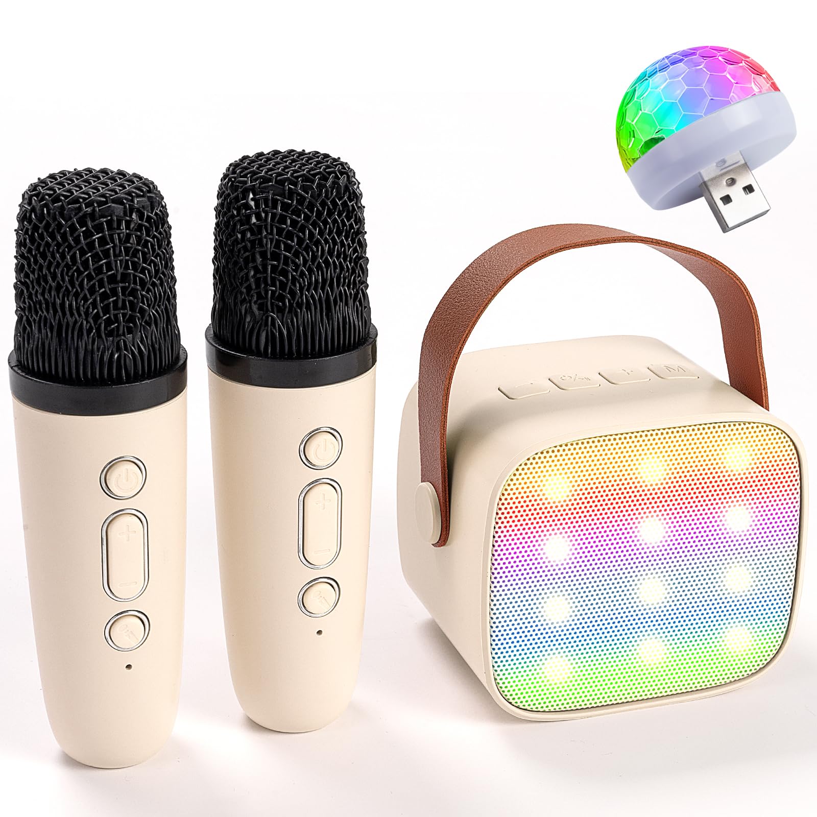 Photo 1 of Mini Karaoke Machine - Bluetooth Portable Speaker with 2 Wireless Microphones & LED Lights, Birthday Gift for Girls & Boys Ages 3-12,Apricot