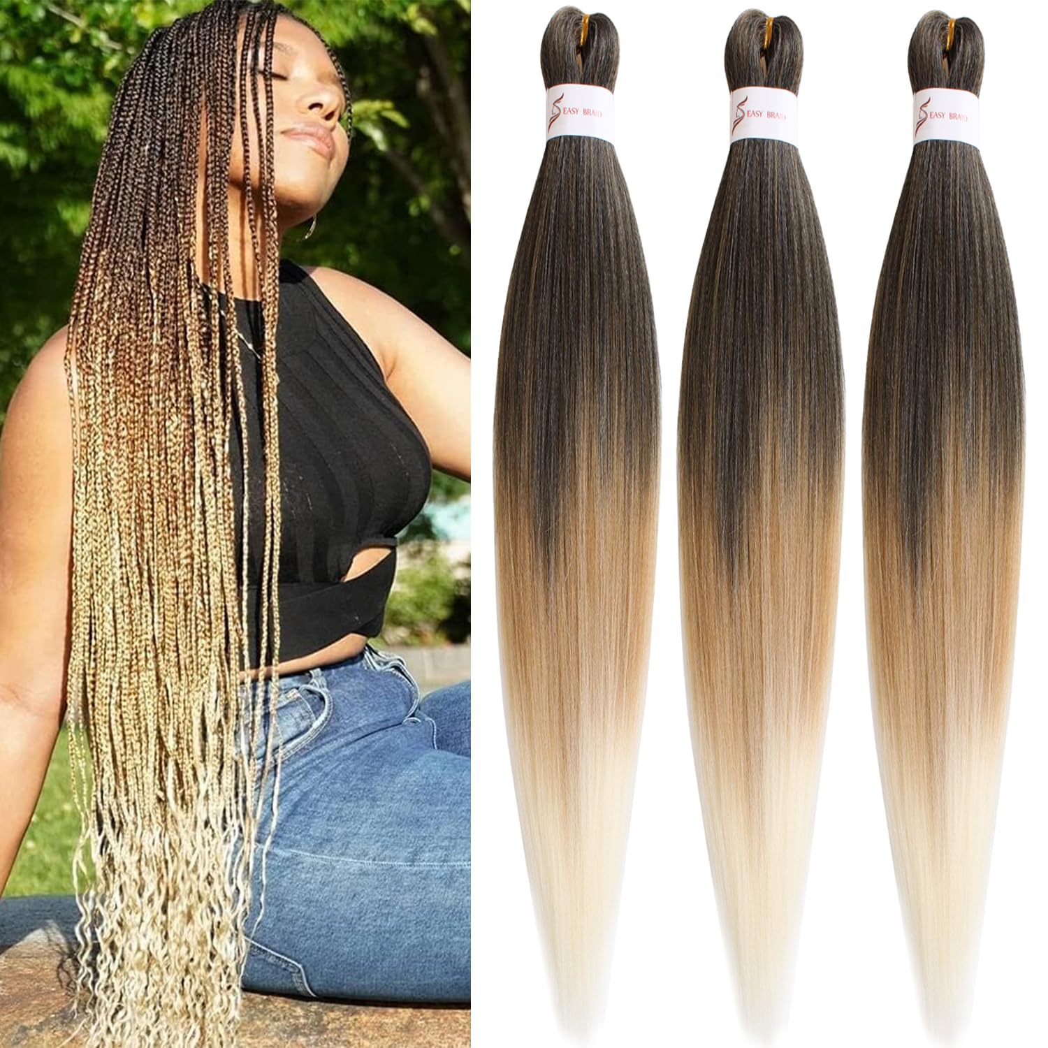 Mscat 30 Inch 3 Packs Pre Stretched Braiding Hair Three Tones Pre Stretched Braiding Professional Synthetic Prestretched Crochet Braids Hair Extension Hot Water Setting Yaki Texture (1B27613#)