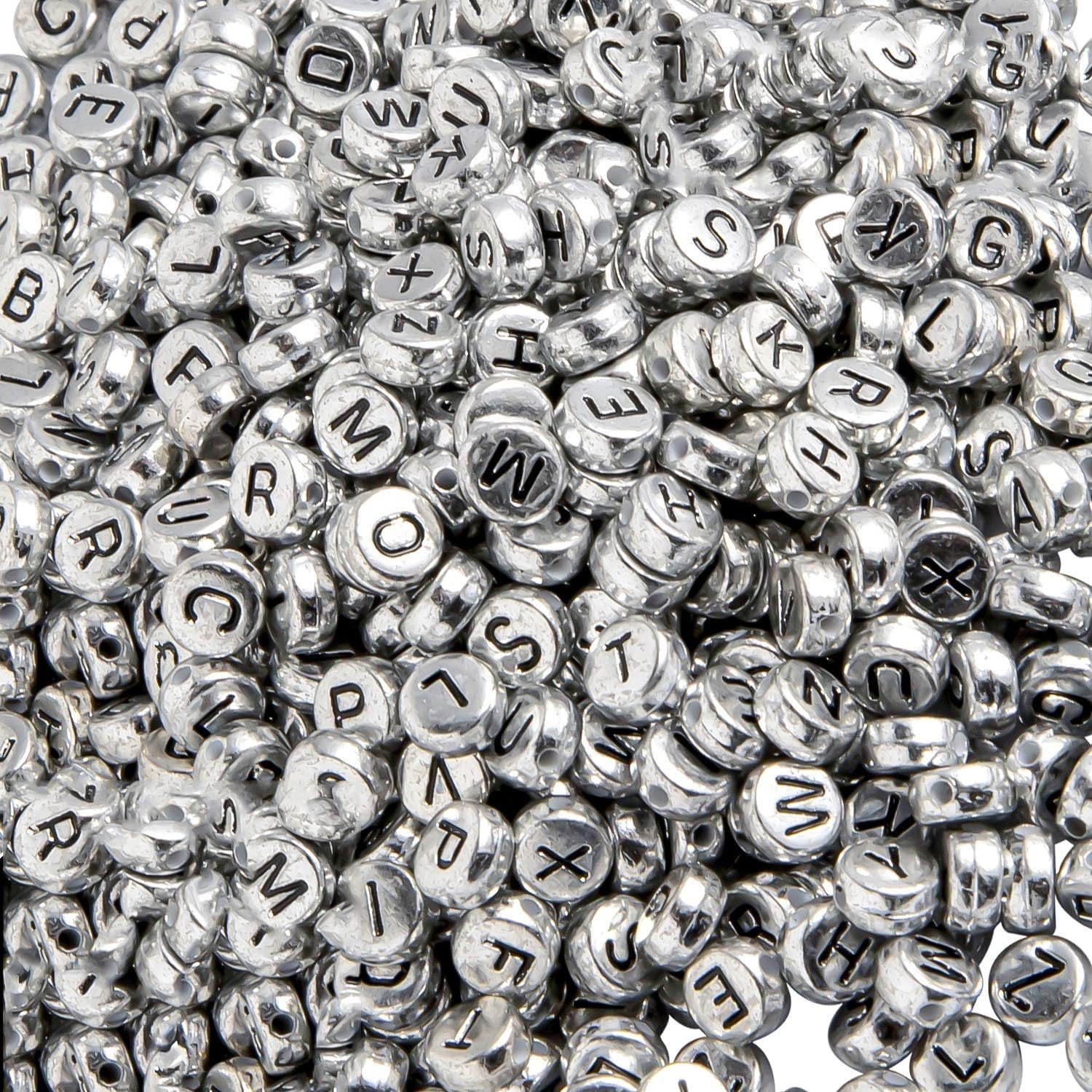Whaline 1000Pcs Silver Round Alphabet Beads Metallic Beads with Black