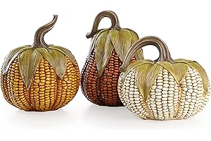 Valery Madelyn Fall Decorations for Home Pumpkins Decor, Set of 3 Resin Artificial Corn Decorative Pumpkins Figurines for Indoor Table Centerpieces Autumn Thanksgiving Halloween Decoration 6.3 Inch
