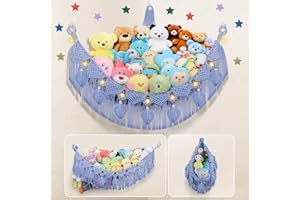 IHANSEE Stuffed Animal Hammock Corner, 56'' Jumbo Boho Macrame Leaf Wall Hanging Toy Hammock Net Organizer for Stuffy Plushie, Cornflower Blue Stuffed Animal Net w/Star Light for Kid Girls Boys Gift