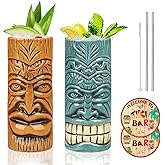 SuproBarware TIKI Mug Set - Set of 2 Ceramic TIKI Mug 15oz/440ml Tropical Style Cocktail Glass Set for Cocktail Lover (Orange&Blue)