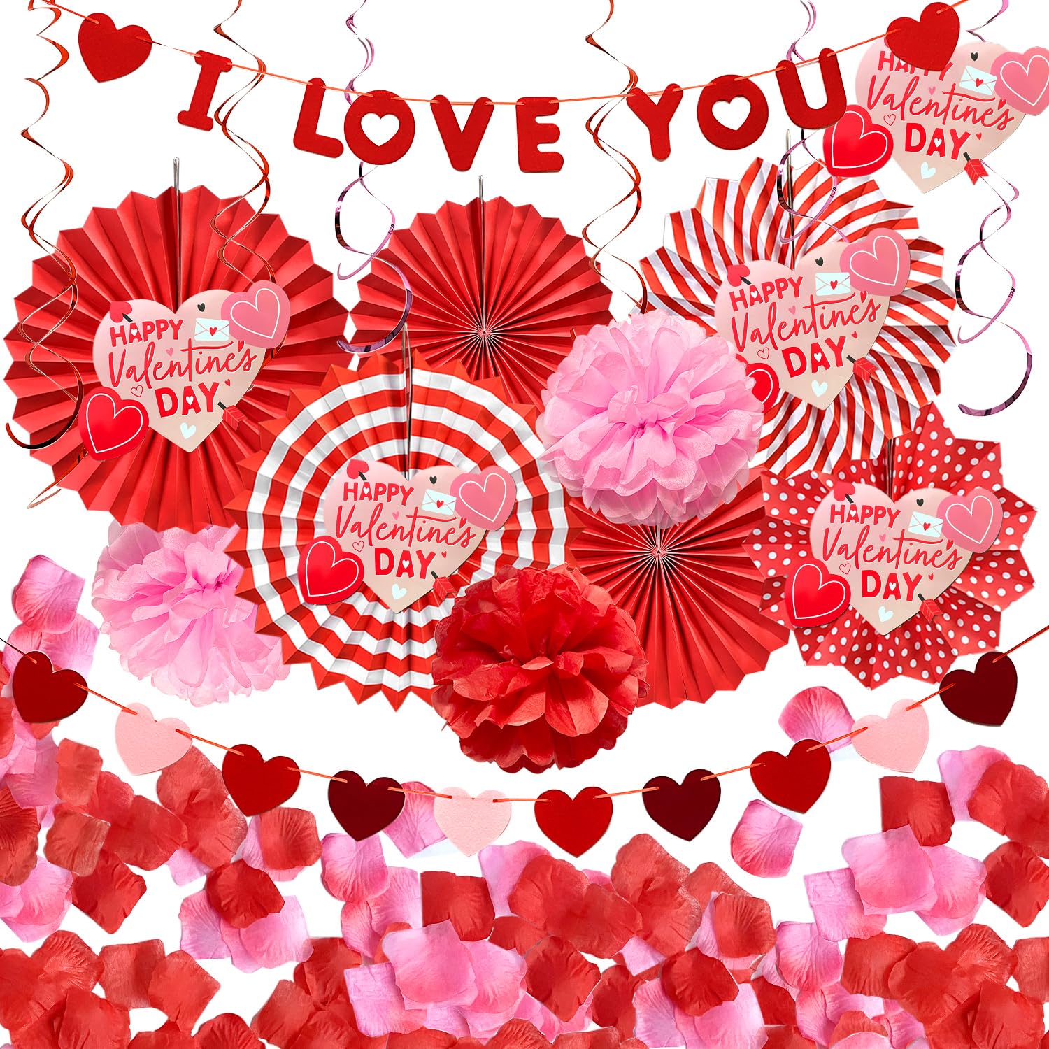 Mauts Valentines Decorations Love Paper Fan Flower Set with Simulated Petals and a Love Card for Valentine's Day Decoration Party (red)