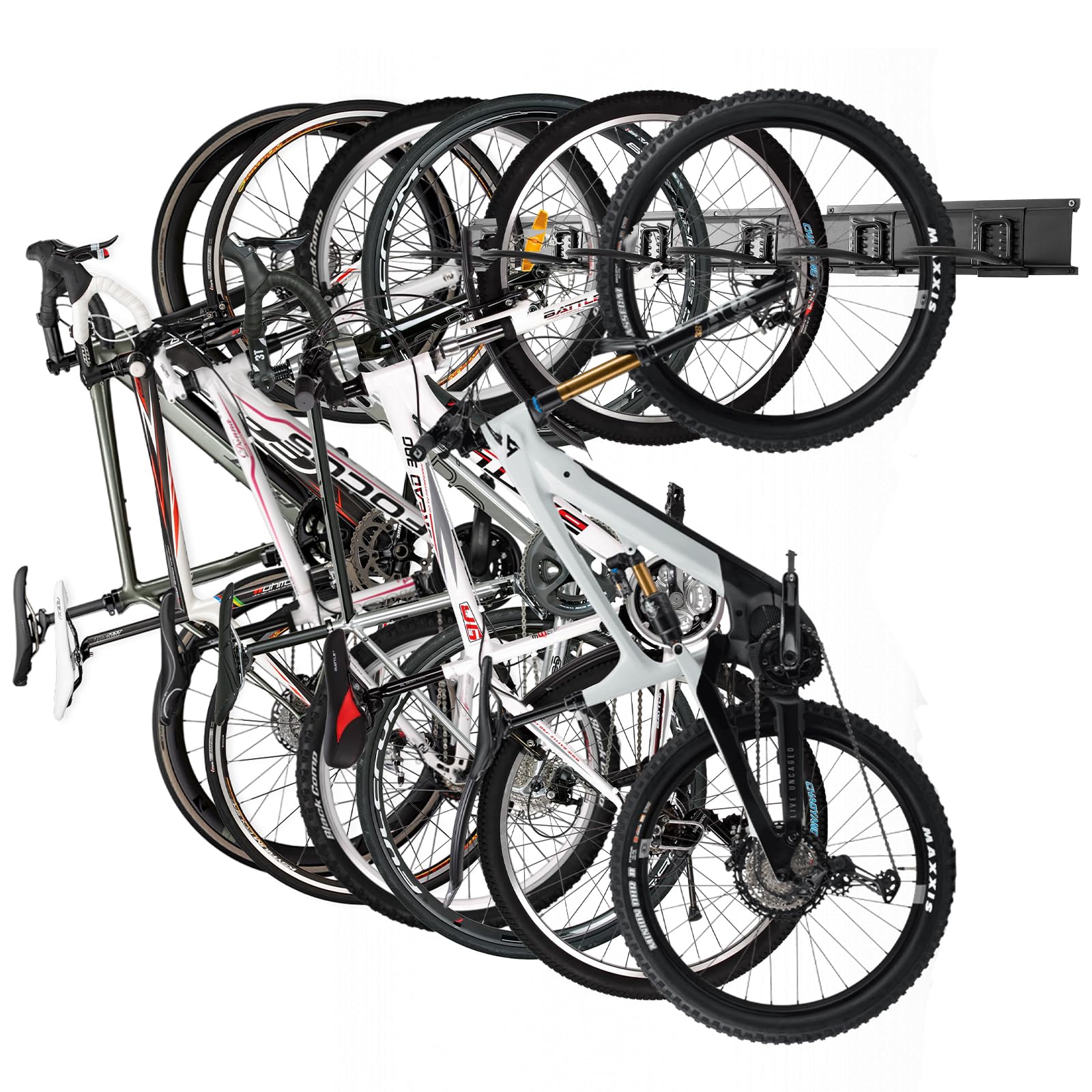 PYBTOOL Bike Storage Rack, Garage Bike Rack Wall Mount, 6 Bike Racks and 6 Helmets Hooks, Max capacity 600lbs, 64-inch